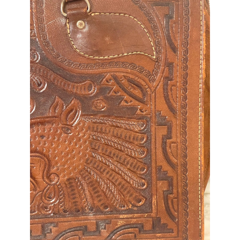 Vintage Hand Tooled Leather Briefcase Aztec Calendar Eagle Design Brown Bag - Picture 3 of 15